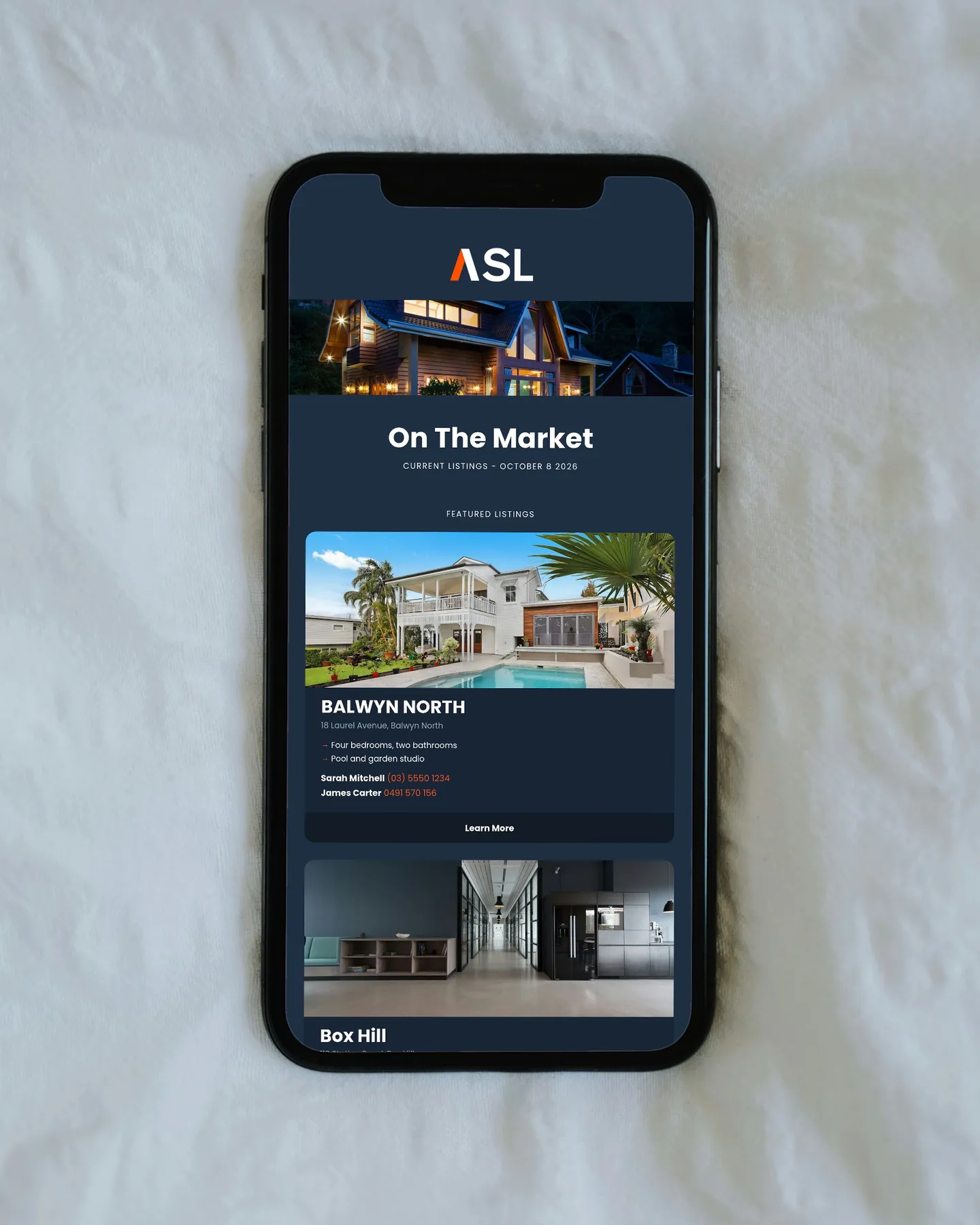 A sample marketing email from ASL Real Estate's email builder, on a phone