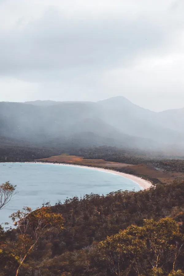 A Tasmanian bay seen from the hills above it