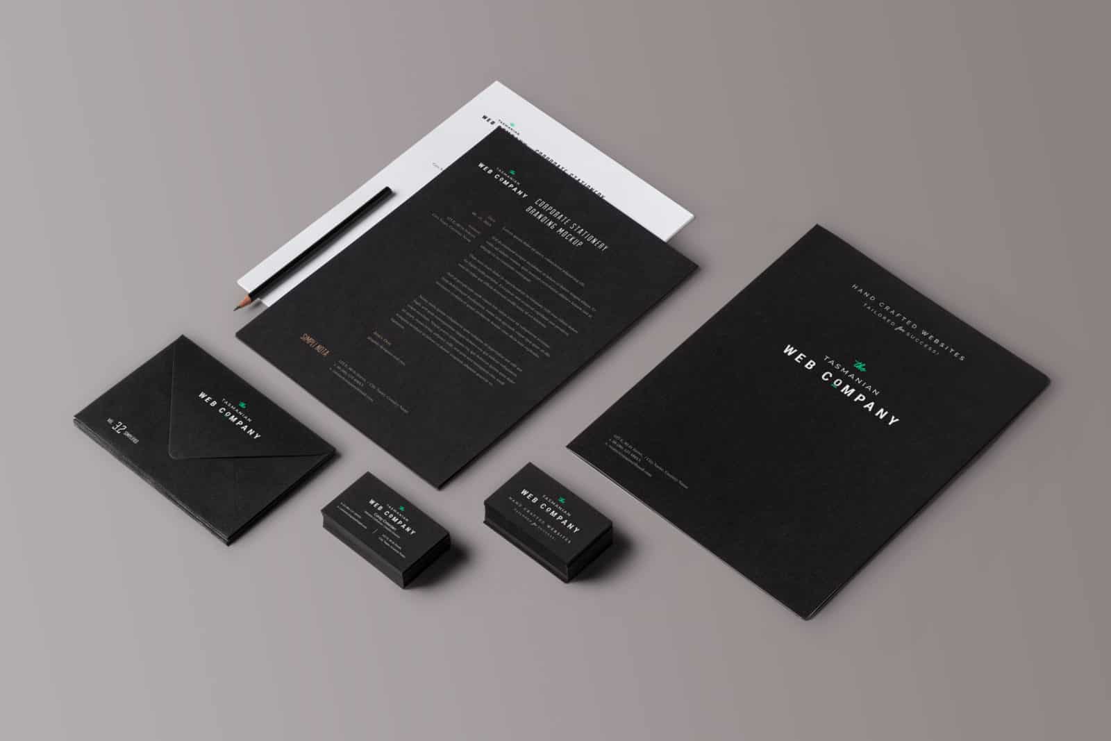 The Tasmanian Web Company (Devonport-based web design) branding mockup to showcase different types of physical collateral that branding can be on. 