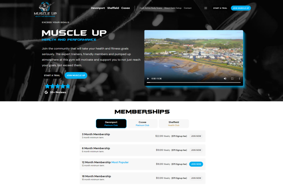 Screenshot of the Muscle Up website homepage, featuring a header image, video, health and fitness goals description, membership options with pricing, and buttons for joining different gyms.
