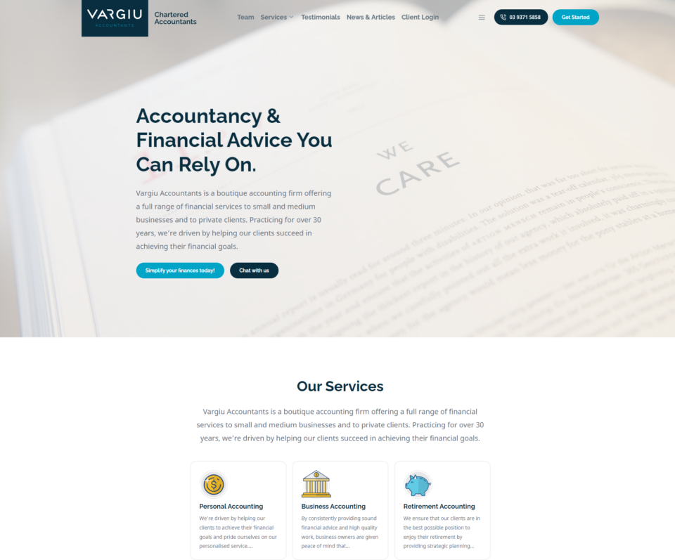 Website homepage of Vargiu Accountants showing a tagline, "Accountancy & Financial Advice You Can Rely On," with an overview of their services which include personal, business, and retirement accounting.
