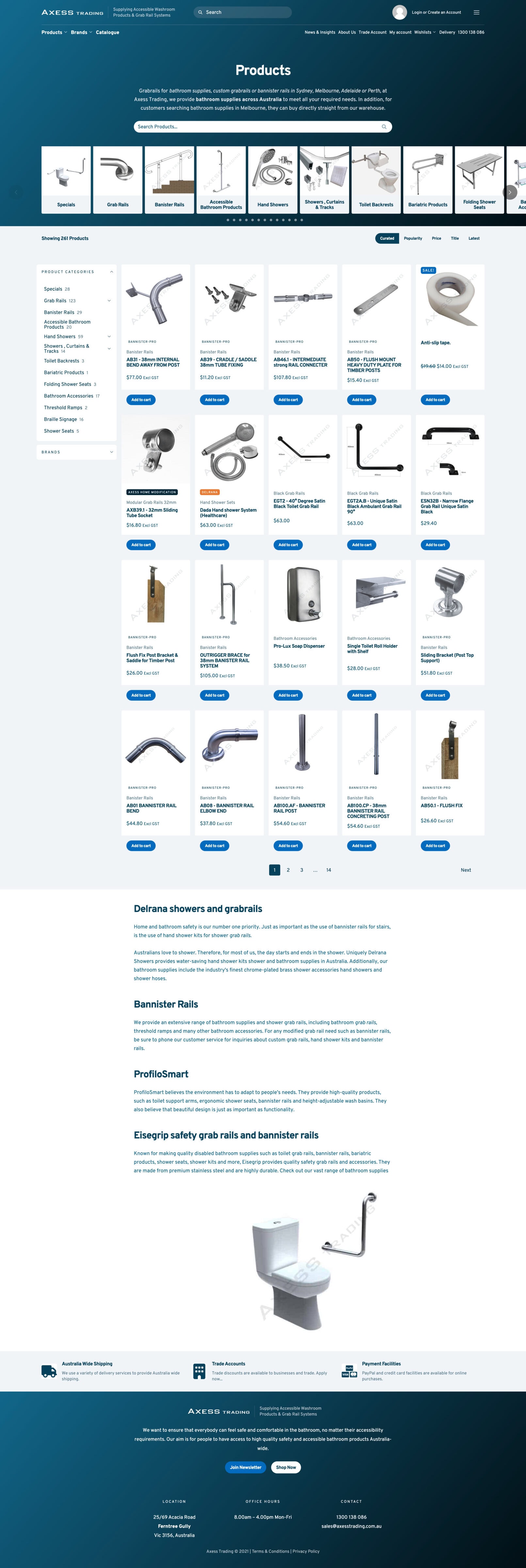 Webpage featuring various bathroom safety products, including showerheads, grab rails, and accessories, arranged in a grid format with a side menu for filtering options.