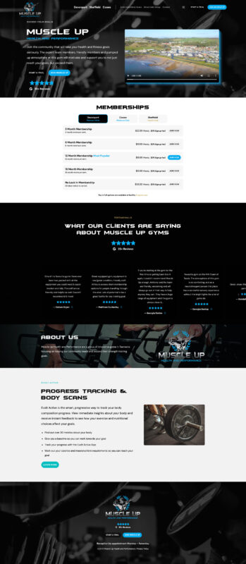 Screenshot of Muscle Up Gym's website homepage, featuring membership plans, client testimonials, gym information, progress tracking, body scans, and a video introduction at the top.