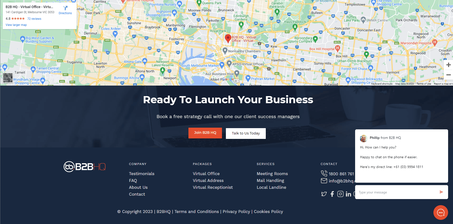 The homepage of a business website.