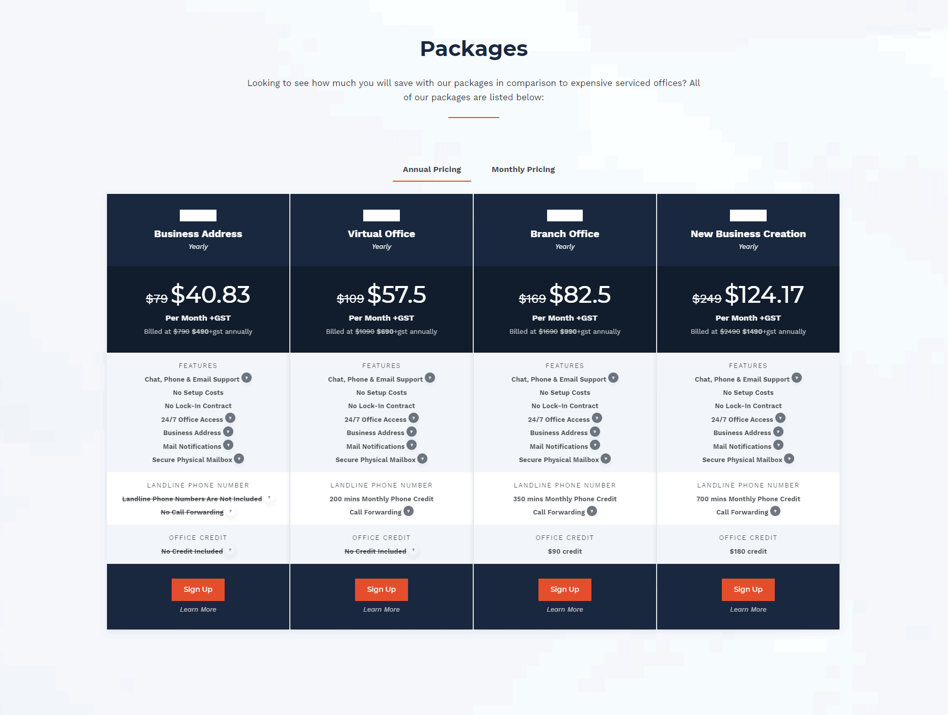 The pricing page for a web hosting package.