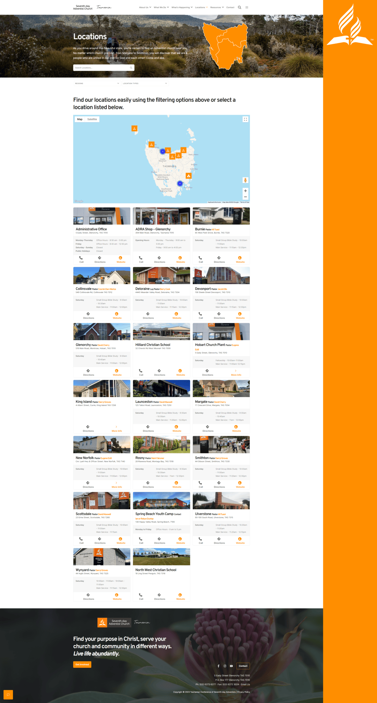 A website with an orange background and a map.