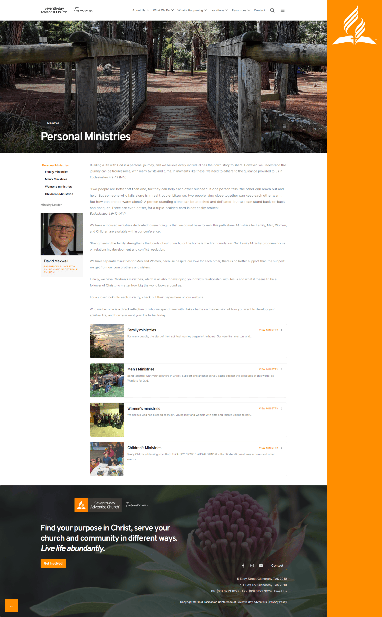 A website design with an orange and white background.