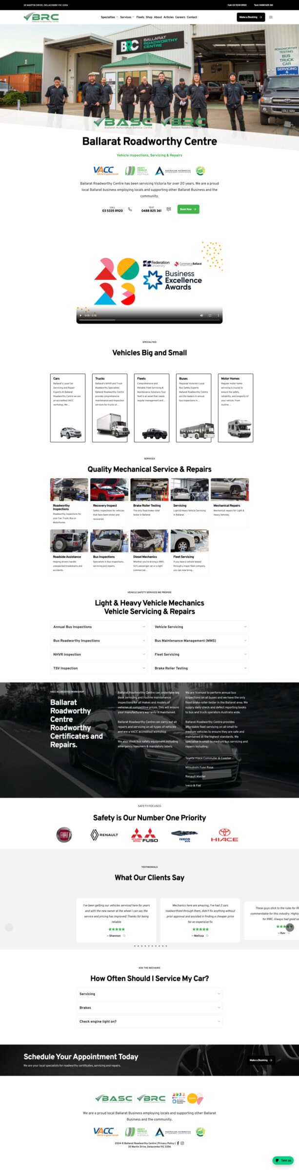 Screenshot of the website for Ballarat Roadworthy Centre, featuring various vehicle services, client testimonials, safety information, and an online booking form for vehicle inspections and repairs.