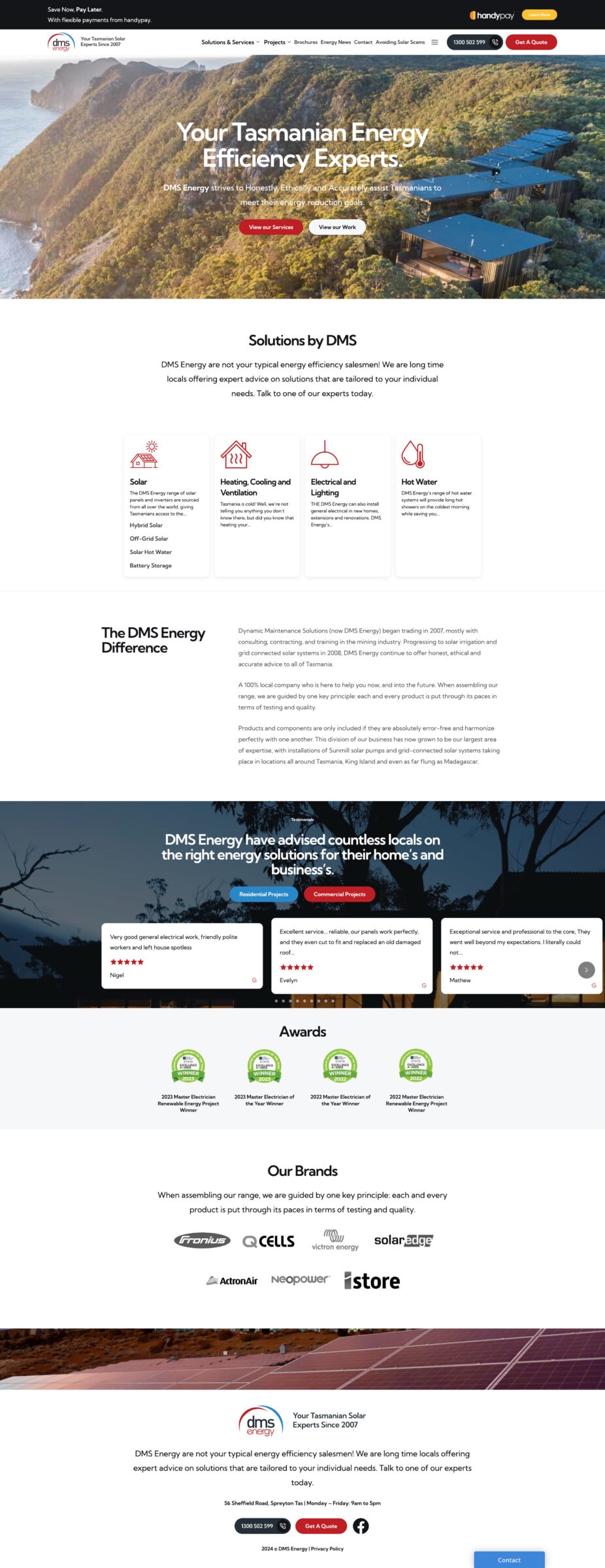 Screenshot of the DMS Energy homepage showcasing various energy solutions, brand partnerships, and awards. At the top, there's a navigation menu, and the main content highlights energy services and customer testimonials.